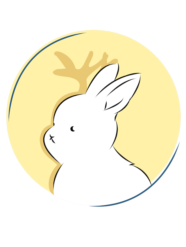 Company logo of a white bunny on a yellow background. Behind the bunny is its shadow which also displays a set of deer-like antlers.